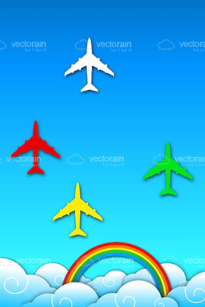 Abstract Sky with Clouds, Rainbow and Colourful Planes